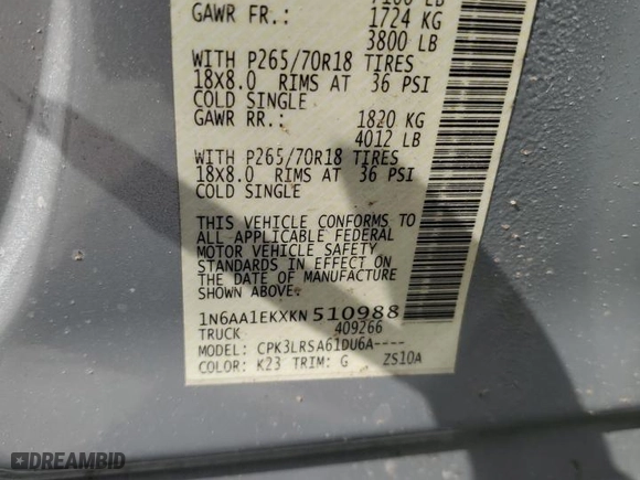 2019 Nissan Titan S with VIN 1N6AA1EKXKN510988, listed as a Copart auction lot 76109854 with NaN miles and Non Repairable. Bid and sale history available at carsss.com. Image 13.