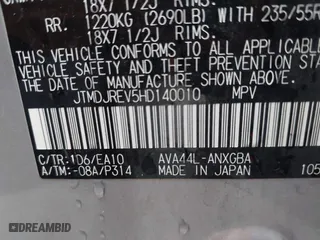 2017 Toyota RAV4 Hybrid Limited with VIN JTMDJREV5HD140010, listed as a IAAI auction lot 41925106 with 97,835 mi miles. Bid and sale history available at carsss.com. Image 9.