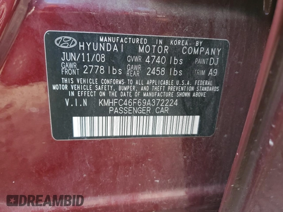 2009 Hyundai Azera Limited z VIN KMHFC46F69A372224, wystawiony jako Copart lot #78834284 z przebiegiem 79 758 mil mil oraz Szkoda całkowita • Salvage title. Historia ofert i sprzedaży dostępna na DreamBid. Obrazek 12.