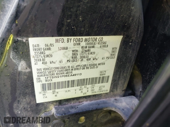 2006 Ford F-250 XL with VIN 1FTSW21P06EA49113, listed as a IAAI auction lot 42601741 with 438,074 mi miles and . Bid and sale history available at DreamBid. Image 9.