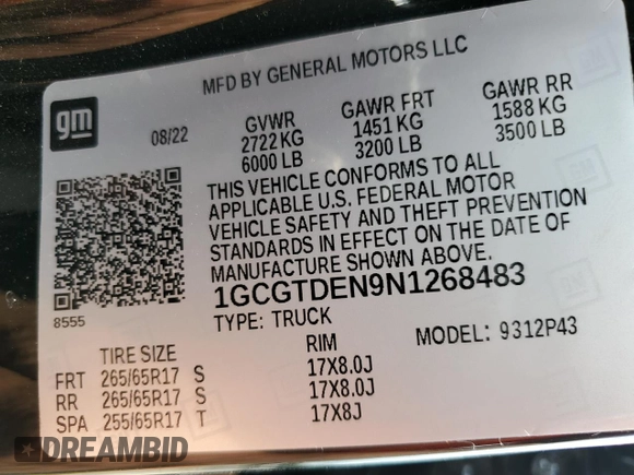 2022 Chevrolet Colorado 4WD Z71 with VIN 1GCGTDEN9N1268483, listed as a Copart auction lot 64638865 with 61,611 mi miles and Salvage title. Bid and sale history available at DreamBid. Image 12.