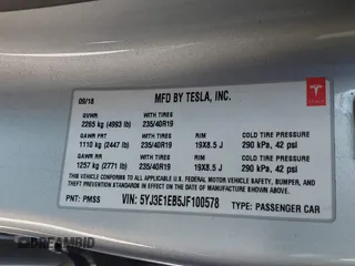 2018 Tesla Model 3 Long Range Battery with VIN 5YJ3E1EB5JF100578, listed as a IAAI auction lot 41959766 with 57,931 mi miles and . Bid and sale history available at DreamBid. Image 9.