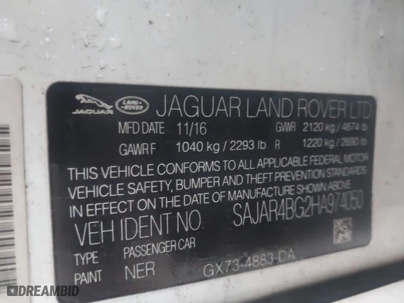 2017 Jaguar XE 25t with VIN SAJAR4BG2HA974050, listed as a IAAI auction lot 41561744 with 131,266 mi miles. Bid and sale history available at carsss.com. Image 9.
