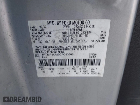 2012 Ford F-150 XL with VIN 1FTMF1CM5CFC93965, listed as a IAAI auction lot 41811871 with 1 mi miles. Bid and sale history available at carsss.com. Image 9.