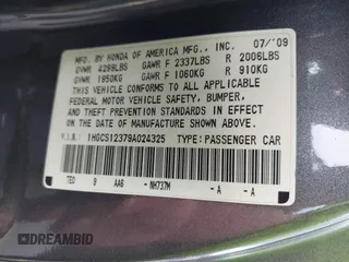 2009 Honda Accord LX-S with VIN 1HGCS12379A024325, listed as a IAAI auction lot 42169567 with 201,697 mi miles and . Bid and sale history available at DreamBid. Image 9.