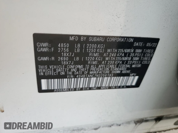 2022 Subaru Outback Limited with VIN 4S4BTANC7N3256193, listed as a Copart auction lot 65768795 with 36,777 mi miles and Salvage title. Bid and sale history available at DreamBid. Image 14.