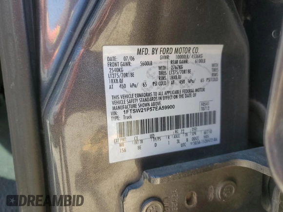 2007 Ford F-250 XL with VIN 1FTSW21P57EA59900, listed as a Copart auction lot 58787085 with 216,385 mi miles and Salvage title. Bid and sale history available at DreamBid. Image 12.