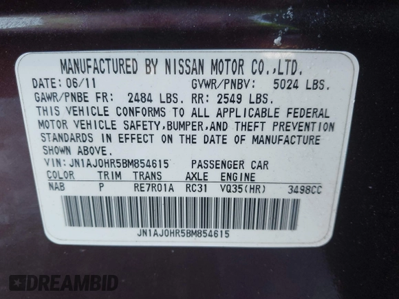 2011 Infiniti EX Journey with VIN JN1AJ0HR5BM854615, listed as a IAAI auction lot 41341496 with Not Provided miles. Bid and sale history available at carsss.com. Image 9.