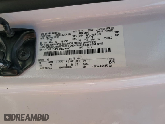 2016 Ford F-150 XL with VIN 1FTMF1C85GKD39486, listed as a Copart auction lot 53073465 with 88,795 mi miles and Salvage Title. Bid and sale history available at DreamBid. Image 12.