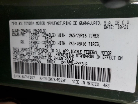 2022 Toyota Tacoma 4WD SR with VIN 3TYCZ5AN0NT055986, listed as a Copart auction lot 50165995 with 52,628 mi miles and Salvage Title. Bid and sale history available at carsss.com. Image 14.