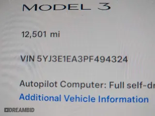 2023 Tesla Model 3 with VIN 5YJ3E1EA3PF494324, listed as a IAAI auction lot 39964499 with 12,501 mi miles. Bid and sale history available at carsss.com. Image 9.