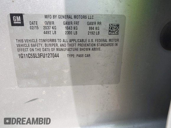 2015 Chevrolet Malibu LT with VIN 1G11C5SL3FU127044, listed as a IAAI auction lot 42142155 with 220,284 mi miles and . Bid and sale history available at DreamBid. Image 9.