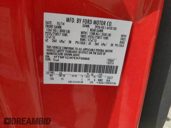 2014 Ford F-150 XL with VIN 1FTMF1CM7EKF95865, listed as a Copart auction lot 72036883 with 120,755 mi miles and Salvage title. Bid and sale history available at DreamBid. Image 14.