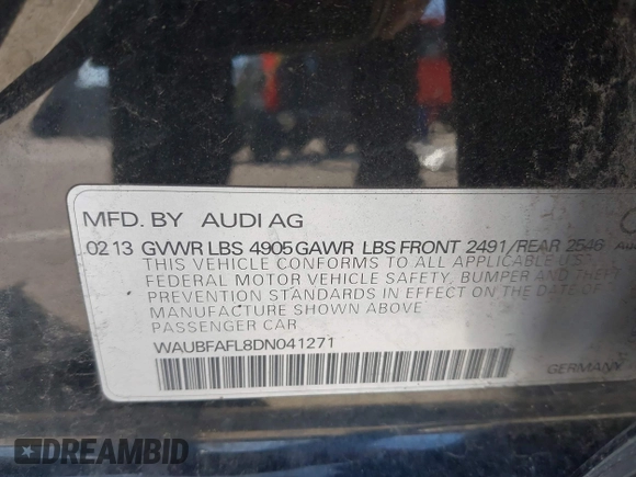 2013 Audi A4 Premium with VIN WAUBFAFL8DN041271, listed as a IAAI auction lot 42104890 with 180,322 mi miles and . Bid and sale history available at DreamBid. Image 9.