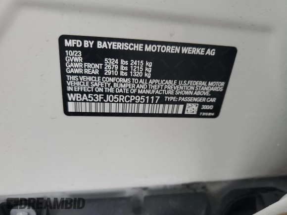 2024 BMW 5 Series 530i xDrive z VIN WBA53FJ05RCP95117, wystawiony jako Copart lot #56534135 z przebiegiem 14 831 mil mil oraz Szkoda całkowita • Salvage title. Historia ofert i sprzedaży dostępna na DreamBid. Obrazek 12.
