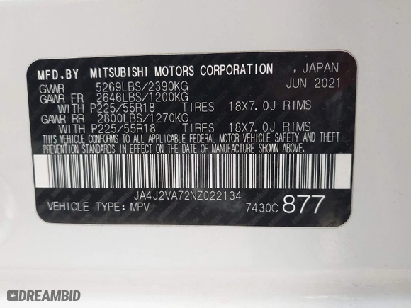 2022 Mitsubishi Outlander PHEV SEL with VIN JA4J2VA72NZ022134, listed as a IAAI auction lot 41590731 with 40,055 mi miles. Bid and sale history available at carsss.com. Image 9.