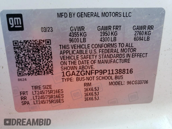 2023 Chevrolet Express Passenger LS z VIN 1GAZGNFP9P1138816, wystawiony jako Copart lot #49766225 z przebiegiem 105 216 mil mil oraz Szkoda całkowita • Salvage title. Historia ofert i sprzedaży dostępna na DreamBid. Obrazek 13.