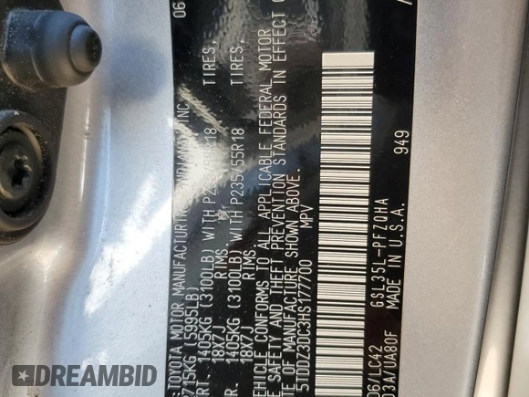 2017 Toyota Sienna XLE with VIN 5TDDZ3DC3HS177700, listed as a Copart auction lot 59720215 with 124,180 mi miles and Salvage title. Bid and sale history available at DreamBid. Image 13.