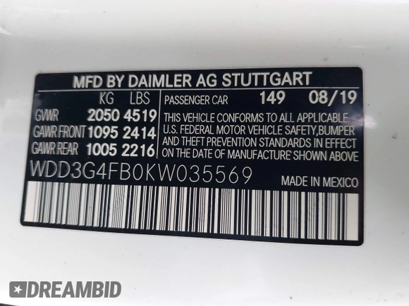2019 Mercedes-Benz A 220 with VIN WDD3G4FB0KW035569, listed as a IAAI auction lot 42517750 with 49,249 mi miles and . Bid and sale history available at DreamBid. Image 9.
