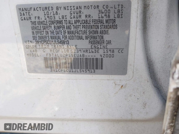 2018 Nissan Kicks S with VIN 3N1CP5CU1JL545913, listed as a IAAI auction lot 41011464 with 101,743 mi miles. Bid and sale history available at carsss.com. Image 9.