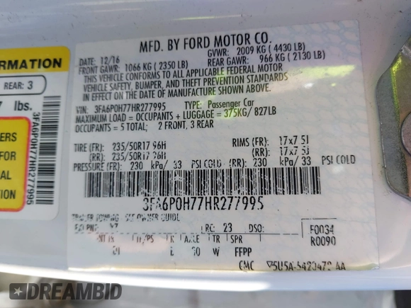 2017 Ford Fusion SE z VIN 3FA6P0H77HR277995, wystawiony jako IAAI lot #41586483 z przebiegiem 191 912 mil mil oraz . Historia ofert i sprzedaży dostępna na DreamBid. Obrazek 9.