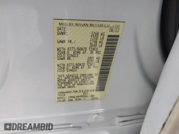 2013 Nissan Titan Pro-4X with VIN 1N6AA0EC7DN312844, listed as a IAAI auction lot 42034411 with Not Provided miles and . Bid and sale history available at DreamBid. Image 9.