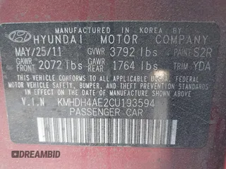 2012 Hyundai Elantra Limited with VIN KMHDH4AE2CU193594, listed as a IAAI auction lot 41556903 with 300,212 mi miles. Bid and sale history available at carsss.com. Image 9.