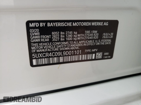 2020 BMW X5 sDrive40i with VIN 5UXCR4C09L9D01101, listed as a Copart auction lot 66698282 with 0 mi miles. Bid and sale history available at carsss.com. Image 13.