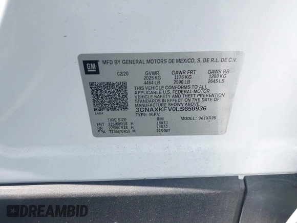 2020 Chevrolet Equinox LT z VIN 3GNAXKEV0LS650936, wystawiony jako IAAI lot #42263480 z przebiegiem 51 723 mil mil oraz . Historia ofert i sprzedaży dostępna na DreamBid. Obrazek 9.