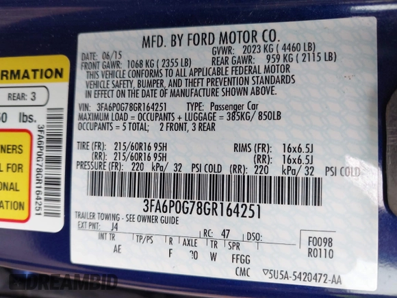 2016 Ford Fusion S with VIN 3FA6P0G78GR164251, listed as a IAAI auction lot 42432645 with 134,175 mi miles and . Bid and sale history available at DreamBid. Image 9.