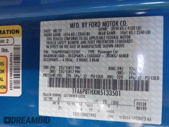 2021 Ford Mustang EcoBoost с VIN 1FA6P8THXM5133501, выставлен на аукционе IAAI как лот 41562858 с пробегом 23 398 миль миль и . История ставок и продаж доступна на DreamBid. Изображение 9.