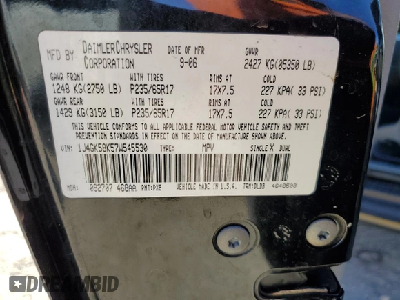 2007 Jeep Liberty Limited with VIN 1J4GK58K57W545530, listed as a Copart auction lot 86285824 with 141,007 mi miles and Salvage title. Bid and sale history available at DreamBid. Image 14.