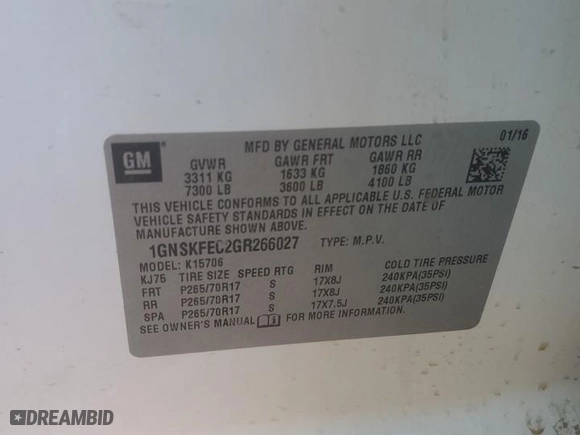 2016 Chevrolet Tahoe Commercial with VIN 1GNSKFEC2GR266027, listed as a Copart auction lot 84628234 with 135,689 mi miles and Salvage Title. Bid and sale history available at carsss.com. Image 12.