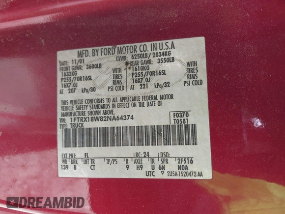 2002 Ford F-150 XL z VIN 1FTRX18W82NA64374, wystawiony jako IAAI lot #41812500 z przebiegiem 254 146 mil mil oraz . Historia ofert i sprzedaży dostępna na DreamBid. Obrazek 9.
