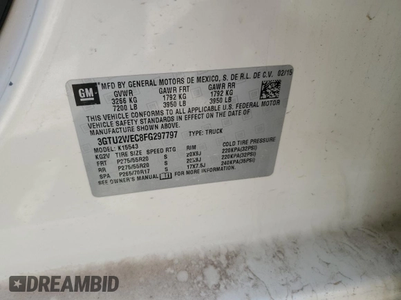 2015 GMC Sierra 1500 Denali z VIN 3GTU2WEC8FG297797, wystawiony jako Copart lot #54123795 z przebiegiem 47 538 mil mil oraz Szkoda całkowita • Salvage title. Historia ofert i sprzedaży dostępna na DreamBid. Obrazek 12.