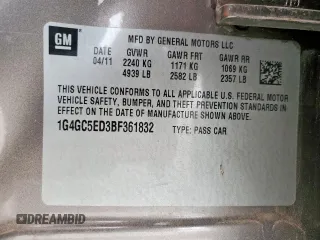 2011 Buick LaCrosse CXL with VIN 1G4GC5ED3BF361832, listed as a Copart auction lot 60799275 with 121,825 mi miles and Clean title. Bid and sale history available at DreamBid. Image 12.