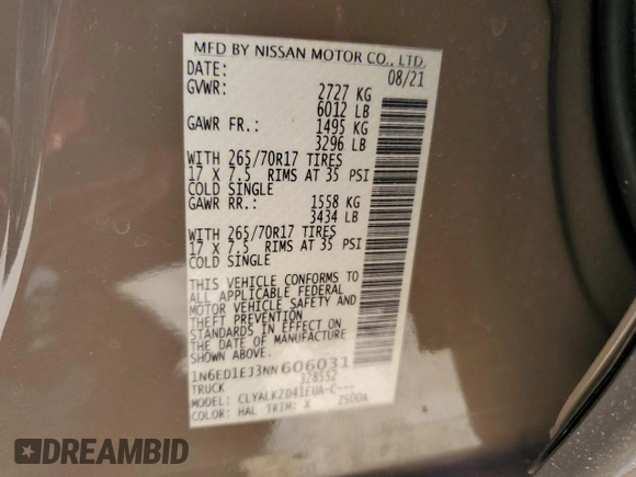 2022 Nissan Frontier Pro-X with VIN 1N6ED1EJ3NN606031, listed as a Copart auction lot 63337253 with 31,947 mi miles and Salvage title. Bid and sale history available at DreamBid. Image 14.
