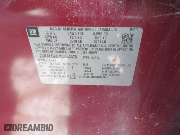 2011 Chevrolet Equinox 1LT with VIN 2CNALDEC4B6432375, listed as a IAAI auction lot 42232782 with 220,169 mi miles and . Bid and sale history available at DreamBid. Image 9.