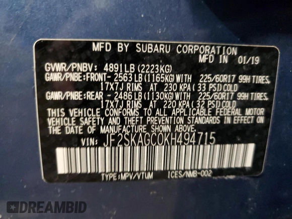 2019 Subaru Forester Premium with VIN JF2SKAGC0KH494715, listed as a Copart auction lot 46235415 with 60,032 mi miles and Salvage Title. Bid and sale history available at carsss.com. Image 15.
