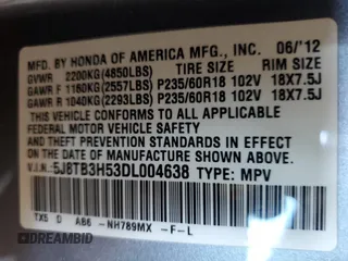 2013 Acura RDX Technology with VIN 5J8TB3H53DL004638, listed as a Copart auction lot 47065335 with 117,956 mi miles and Salvage title. Bid and sale history available at DreamBid. Image 12.