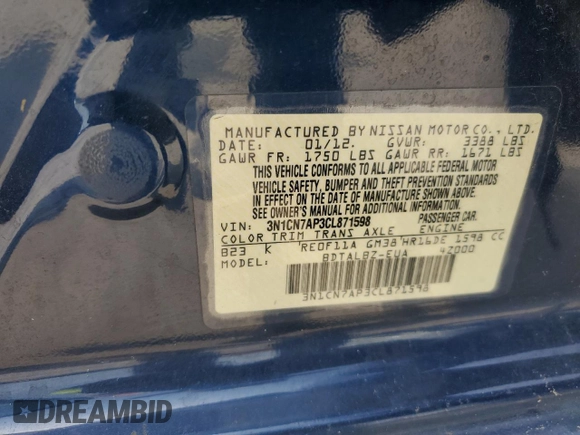 2012 Nissan Versa SV z VIN 3N1CN7AP3CL871598, wystawiony jako Copart lot #56532205 z przebiegiem 78 422 mil mil oraz Szkoda całkowita • Salvage title. Historia ofert i sprzedaży dostępna na DreamBid. Obrazek 13.