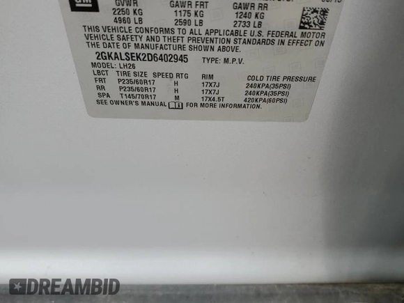 2013 GMC Terrain SLE with VIN 2GKALSEK2D6402945, listed as a Copart auction lot 56003015 with 142,163 mi miles and Clean Title. Bid and sale history available at DreamBid. Image 13.