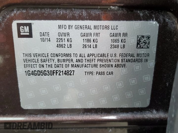 2015 Buick LaCrosse Premium I with VIN 1G4GD5G30FF214827, listed as a Copart auction lot 45353625 with 56,150 mi miles and Salvage Title. Bid and sale history available at carsss.com. Image 12.