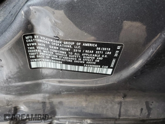 2014 Volkswagen Passat S с VIN 1VWAP7A36EC002386, выставлен на аукционе Copart как лот 51342225 с пробегом 90 522 миль миль и Списание • Salvage title. История ставок и продаж доступна на DreamBid. Изображение 14.