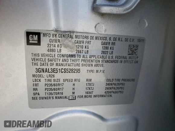 2012 Chevrolet Captiva Sport LT with VIN 3GNAL3E51CS528295, listed as a Copart auction lot 71013974 with 72,140 mi miles and Clean Title. Bid and sale history available at DreamBid. Image 15.