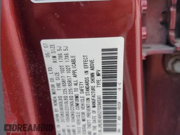 2007 Honda CR-V EX z VIN JHLRE48527C096581, wystawiony jako Copart lot #57968825 z przebiegiem Nie podano mil oraz Czysty tytuł • Clean title. Historia ofert i sprzedaży dostępna na DreamBid. Obrazek 13.
