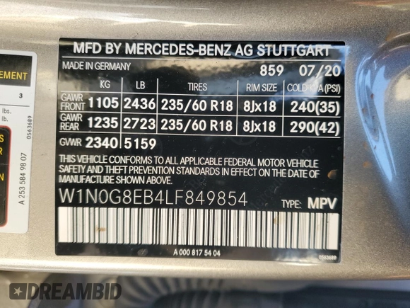 2020 Mercedes-Benz GLC with VIN W1N0G8EB4LF849854, listed as a Copart auction lot 88277315 with 7,224 mi miles and Salvage Title. Bid and sale history available at carsss.com. Image 14.