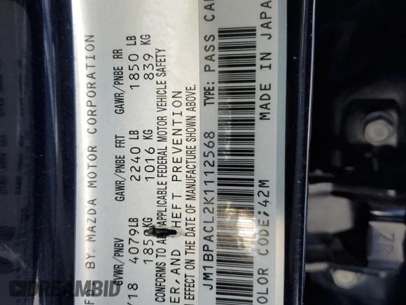 2019 Mazda 3 w/Select with VIN JM1BPACL2K1112568, listed as a Copart auction lot 88020335 with 53,446 mi miles and Salvage Title. Bid and sale history available at carsss.com. Image 12.