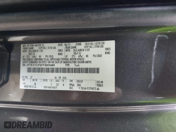2015 Ford F-150 XL with VIN 1FTEX1CP2FFB95489, listed as a IAAI auction lot 42463991 with 164,981 mi miles and . Bid and sale history available at DreamBid. Image 9.