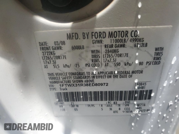 2008 Ford F-350 XL with VIN 1FTWX31R38ED80972, listed as a Copart auction lot 77658314 with 167,072 mi miles and Clean Title. Bid and sale history available at DreamBid. Image 12.